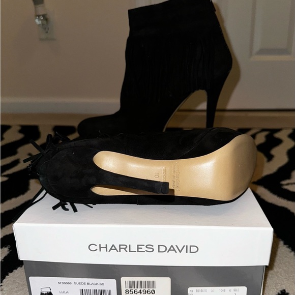 Brand New - Charles David, Black Suede Stiletto Ankle Booties with Fringe - Picture 3 of 3